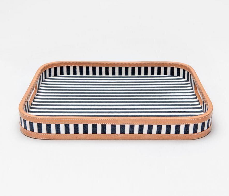 Nautical Striped Rectangular Tray in Canvas with Leather Trim