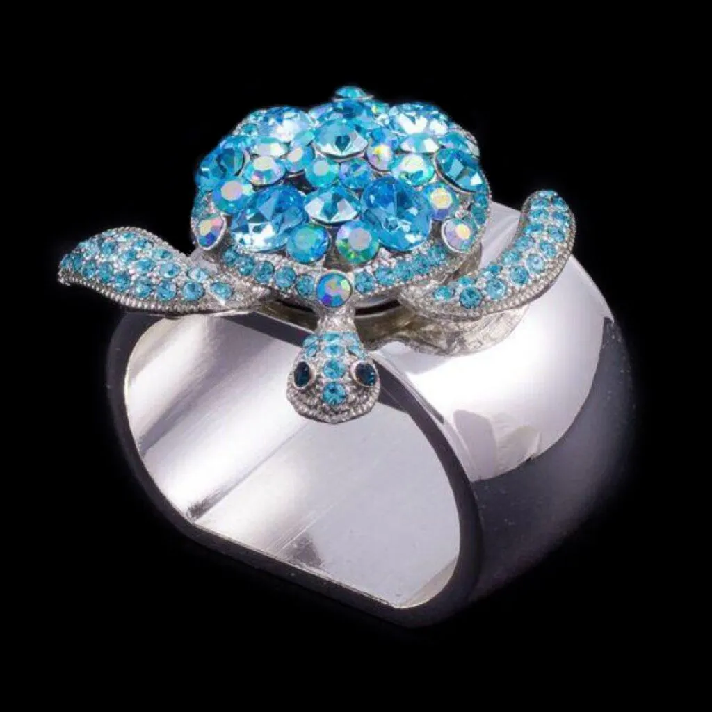 Sea Turtle Napkin RIng Featuing Aquamarine Swarovski Crystal Set of 4