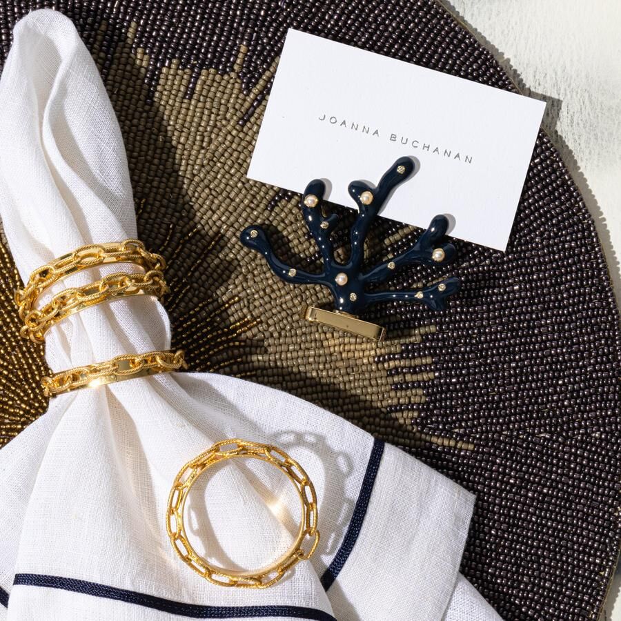 Navy trim linen dinner napkin, white, set of two lifestyle