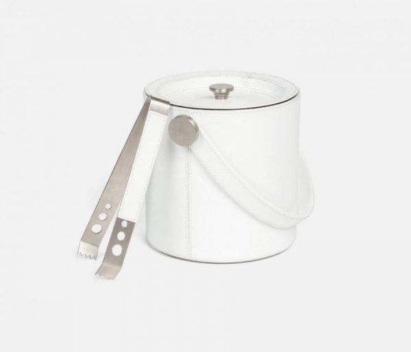 Marine Leather Ice Bucket and Tongs In Bright White