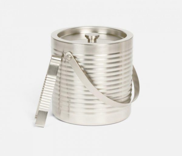 Ribbed Stainless Steel Ice Bucket and Tongs in Matte Nickel