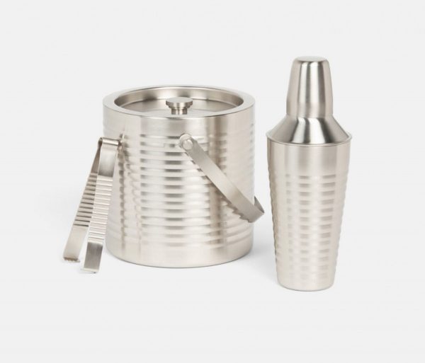 ribbed stainless steel ice bucket with tongs in matte nickel #1