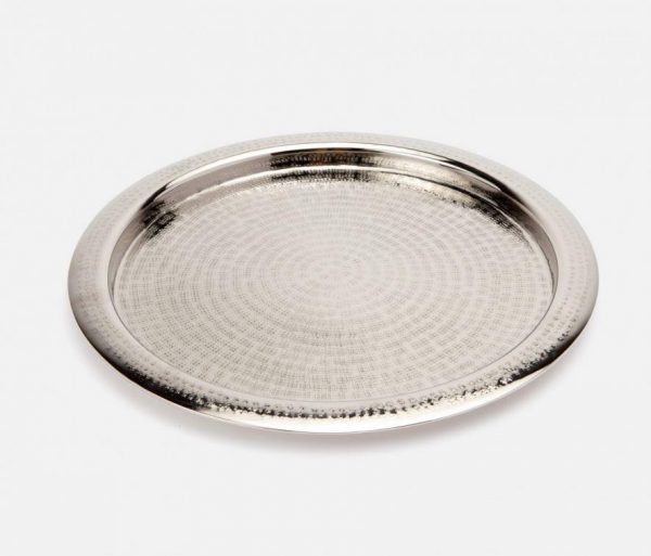 Etched Metal Round Serving Tray in Shiny Nickel