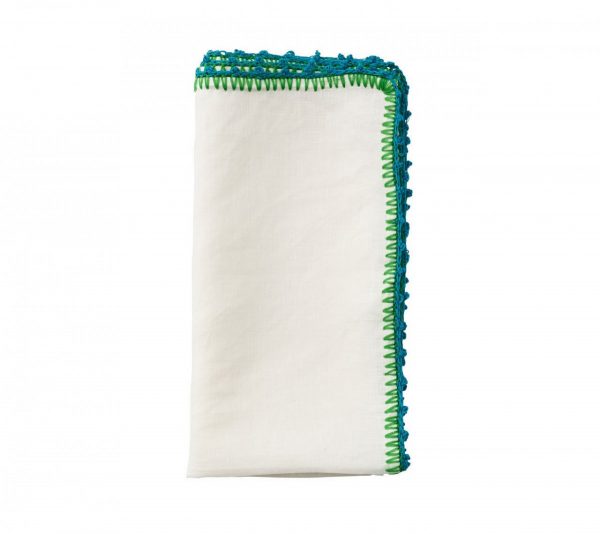 Knotted Edge Napkin in White Turquoise and Green