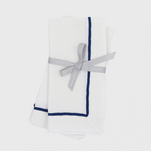 Navy trim linen dinner napkin, white, set of two